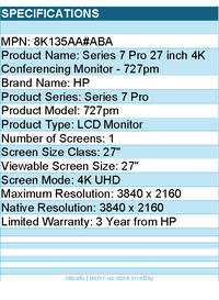 HP 8K135AA#ABA 727pm 27" Class 4K UHD LCD Monitor -  3840 x 2160