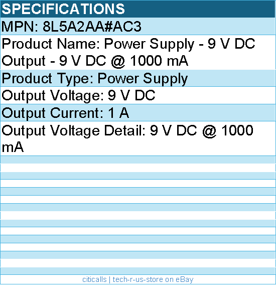 HP Poly 8L5A2AA#AC3 Power Supply - 1 A - 9 V DC Output - 9 V DC @ 1000 mA