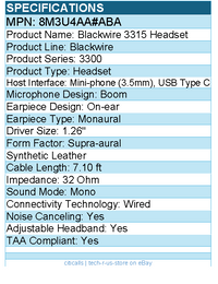 HP Poly 8M3U4AA#ABA Blackwire 3315 Headset +USB-C/A Adapter TAA - Mono