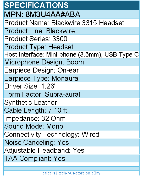 HP Poly 8M3U4AA#ABA Blackwire 3315 Headset +USB-C/A Adapter TAA - Mono