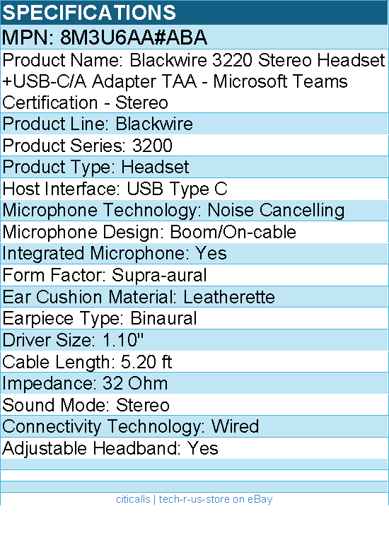 HP Poly 8M3U6AA#ABA Blackwire 3220 Stereo Headset +USB-C/A Adapter TAA