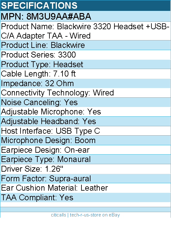 HP Poly 8M3U9AA#ABA Blackwire 3320 Headset +USB-C/A Adapter TAA - Wired