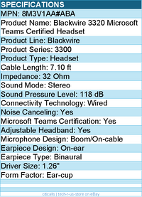 HP Poly 8M3V1AA#ABA Blackwire 3320 Microsoft Teams Certified Headset