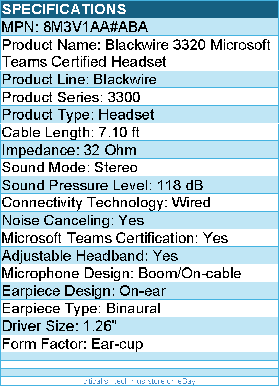 HP Poly 8M3V1AA#ABA Blackwire 3320 Microsoft Teams Certified Headset