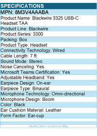 HP Poly 8M3V4AA#ABA Blackwire 3325 Headset +USB-C/A Adapter TAA