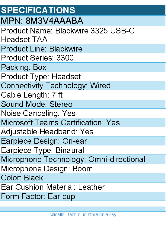 HP Poly 8M3V4AA#ABA Blackwire 3325 Headset +USB-C/A Adapter TAA