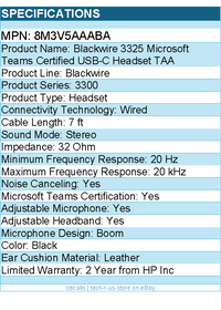HP Poly 8M3V5AA#ABA Blackwire 3325 Microsoft Teams Certified USB-C Headset