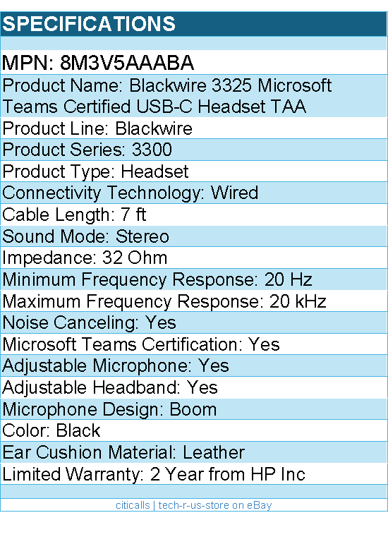HP Poly 8M3V5AA#ABA Blackwire 3325 Microsoft Teams Certified USB-C Headset