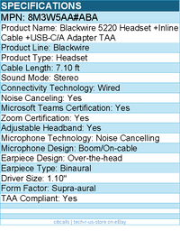 HP Poly 8M3W5AA#ABA Blackwire 5220 Headset +Inline Cable +USB-C/A Adapter TAA