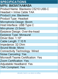 HP Poly 8M3W7AA#ABA Blackwire 5210 Headset +Inline Cable +USB-C/A Adapter TAA