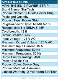 StarTech 8N515S12-POWER-STRIP 8-Outlet Industrial Power Strip 125V/15A
