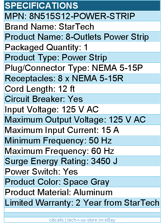 StarTech 8N515S12-POWER-STRIP 8-Outlet Industrial Power Strip 125V/15A