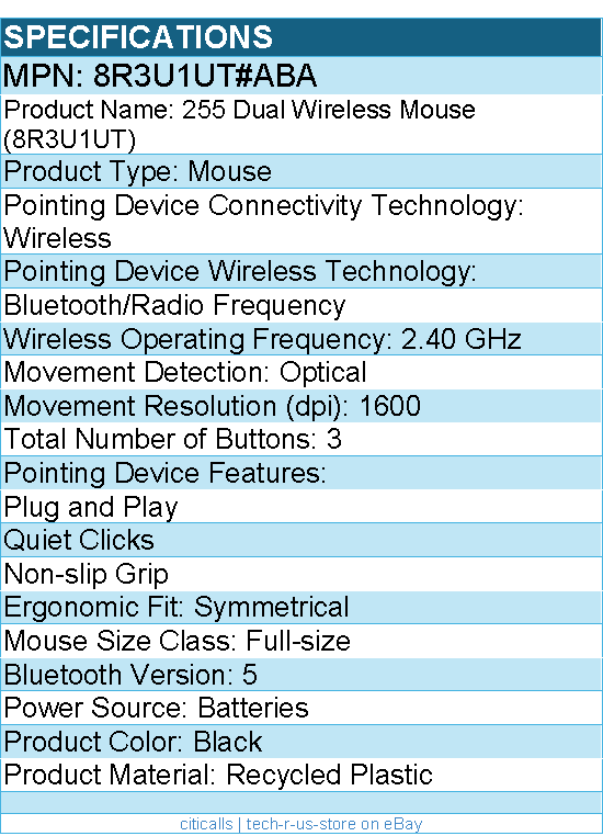 HP 8R3U1UT#ABA 255 Dual Wireless Mouse - Optical - Wireless - Bluetooth