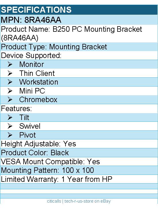HP 8RA46AA Mounting Bracket for Monitor, Thin Client, Workstation, Mini PC