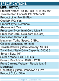 Dell 8RTCV Pro 16 Plus PB16250 16" Touchscreen Copilot+ PC Notebook