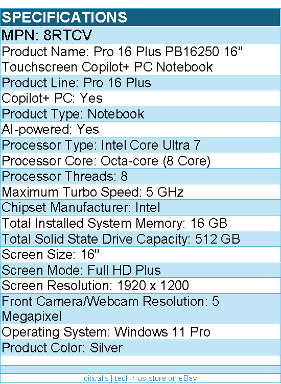 Dell 8RTCV Pro 16 Plus PB16250 16" Touchscreen Copilot+ PC Notebook - Silver