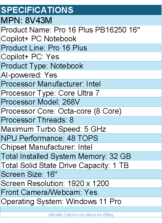 Dell 8V43M Pro 16 Plus PB16250 16" Copilot+ PC Notebook - Full HD Plus