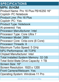Dell 8V43M Pro 16 Plus PB16250 16" Copilot+ PC Notebook - Full HD Plus - Silver
