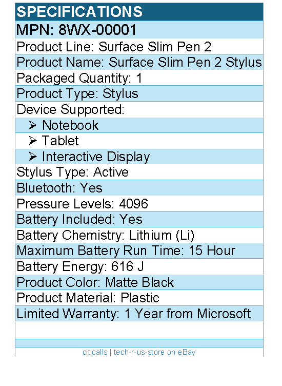 Microsoft 8WX-00001 Surface Slim Pen 2 Stylus - Bluetooth - Matte Black