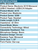 HP Poly 8X214A6 Blackwire 3210 Monaural USB-C Headset +USB-C/A Adapter - 5.20 ft