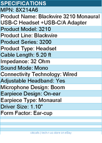 HP Poly 8X214A6 Blackwire 3210 Monaural USB-C Headset +USB-C/A Adapter - 5.20 ft