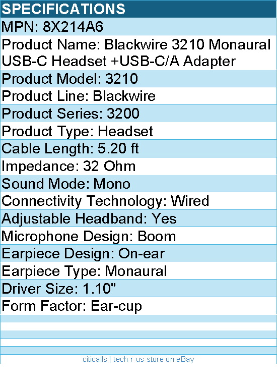 HP Poly 8X214A6 Blackwire 3210 Monaural USB-C Headset +USB-C/A Adapter - 5.20 ft