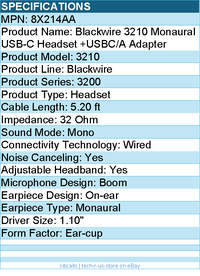 HP Poly 8X214AA Blackwire 3210 Monaural USB-C Headset - Mono - Wired