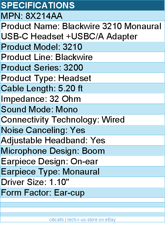 HP Poly 8X214AA Blackwire 3210 Monaural USB-C Headset - Mono - Wired