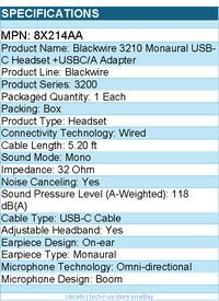 HP Poly 8X214AA Blackwire 3210 Monaural USB-C Headset +USBC/A Adapter