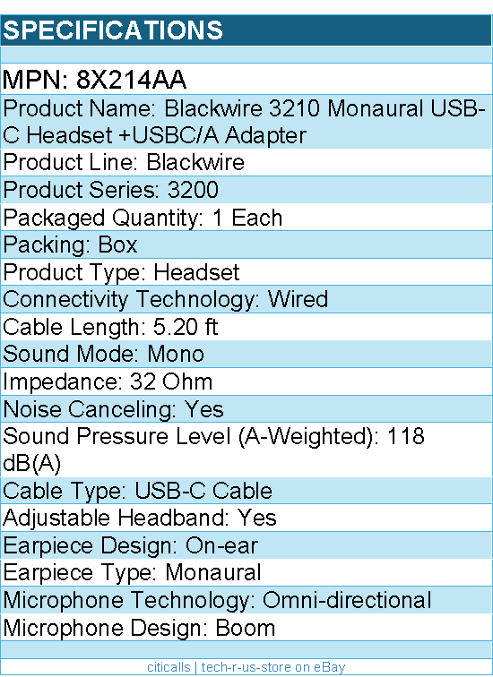 HP Poly 8X214AA Blackwire 3210 Monaural USB-C Headset +USBC/A Adapter