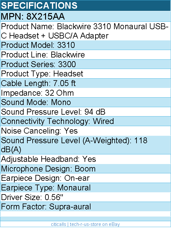 HP Poly 8X215AA Blackwire 3310 Monaural USB-C Headset + USBC/A Adapter