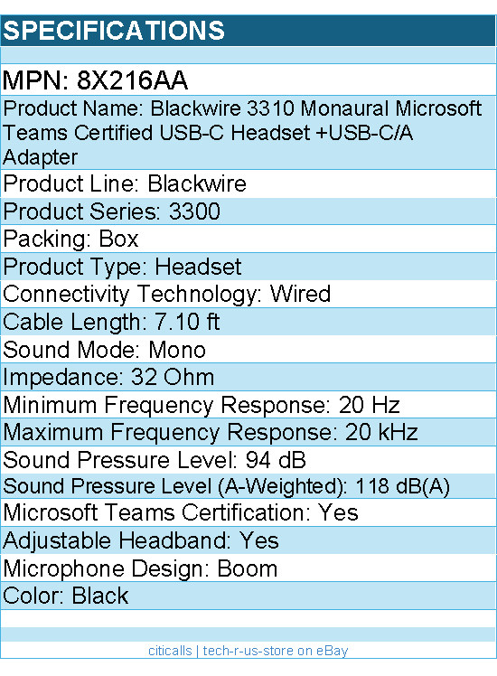 HP Poly 8X216AA Blackwire 3310 Monaural Microsoft Teams Certified Headset -Black