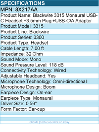HP Poly 8X217AA Blackwire 3315 Monaural USB-C Headset - Mono - Wired
