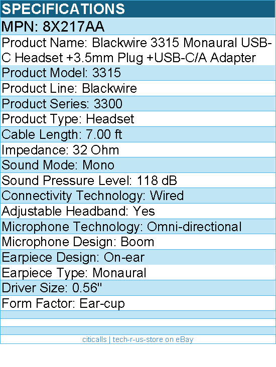 HP Poly 8X217AA Blackwire 3315 Monaural USB-C Headset - Mono - Wired
