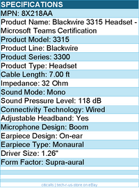 HP Poly 8X218AA Blackwire 3315 Headset - Microsoft Teams Certification - 7 ft