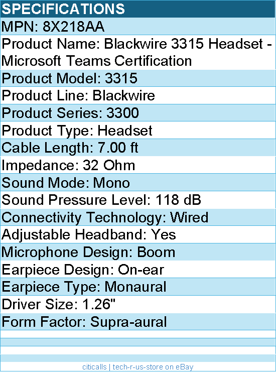 HP Poly 8X218AA Blackwire 3315 Headset - Microsoft Teams Certification - 7 ft