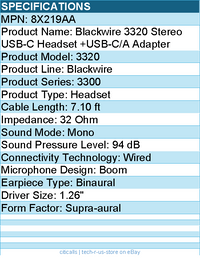 HP Poly 8X219AA Blackwire 3320 Stereo USB-C Headset +USB-C/A Adapter - Wired
