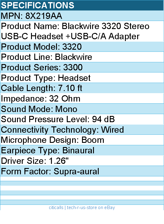 HP Poly 8X219AA Blackwire 3320 Stereo USB-C Headset +USB-C/A Adapter - Wired