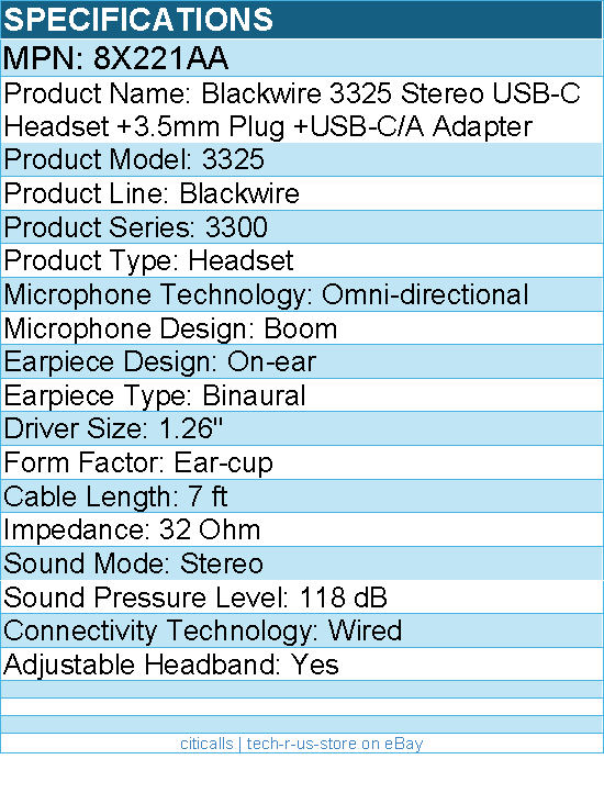 HP Poly 8X221AA Blackwire 3325 Stereo USB-C Headset - 7 ft - Wired