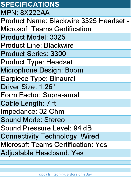 HP Poly 8X222AA Blackwire 3325 Headset - Microsoft Teams Certification - 7 ft