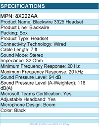 HP Poly 8X222AA Blackwire 3325 Headset - Microsoft Teams Certification - Stereo