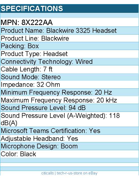 HP Poly 8X222AA Blackwire 3325 Headset - Microsoft Teams Certification - Stereo