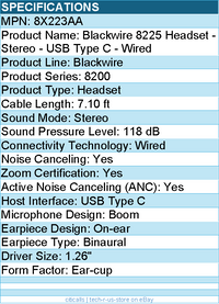 HP Poly 8X223AA Blackwire 8225 Headset - Stereo - USB Type C - Wired - 32 Ohm