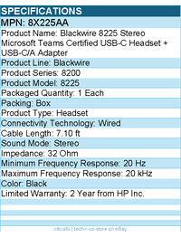 HP Poly 8X225AA Blackwire 8225 Stereo Microsoft Teams Certified Headset - Black