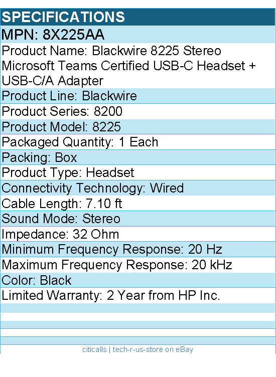 HP Poly 8X225AA Blackwire 8225 Stereo Microsoft Teams Certified Headset - Black