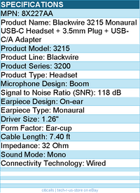 HP Poly 8X227AA Blackwire 3215 Monaural USB-C Headset - Mono