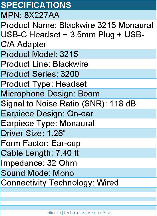 HP Poly 8X227AA Blackwire 3215 Monaural USB-C Headset - Mono