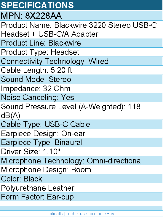 HP Poly 8X228AA Blackwire 3220 Stereo USB-C Headset +USB-C/A Adapter - 5.20 ft