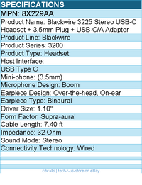 HP Poly 8X229AA Blackwire 3225 Stereo USB-C Headset + 3.5mm Plug + USB-C/A