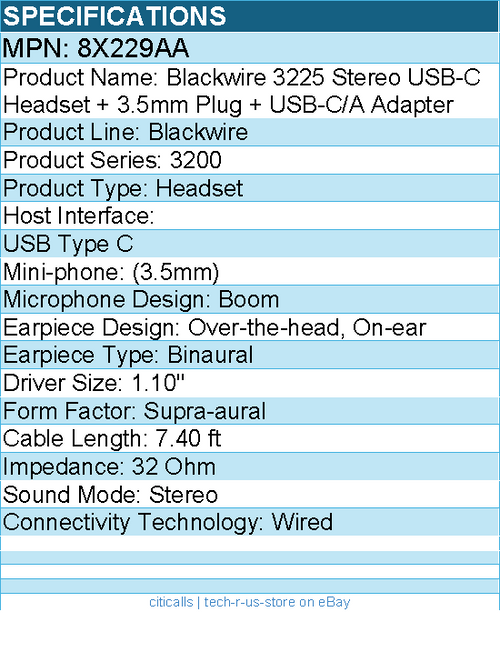 HP Poly 8X229AA Blackwire 3225 Stereo USB-C Headset + 3.5mm Plug + USB-C/A